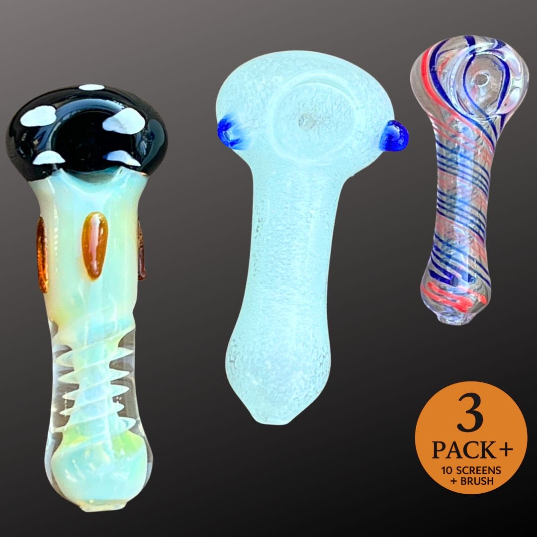 3 Pcs 4.5' Thick Mushroom shape spiral Glass Pipe, 3.5 inch glow in the dark pipe & 3’ Glass Pocket Pipe SET + Screens